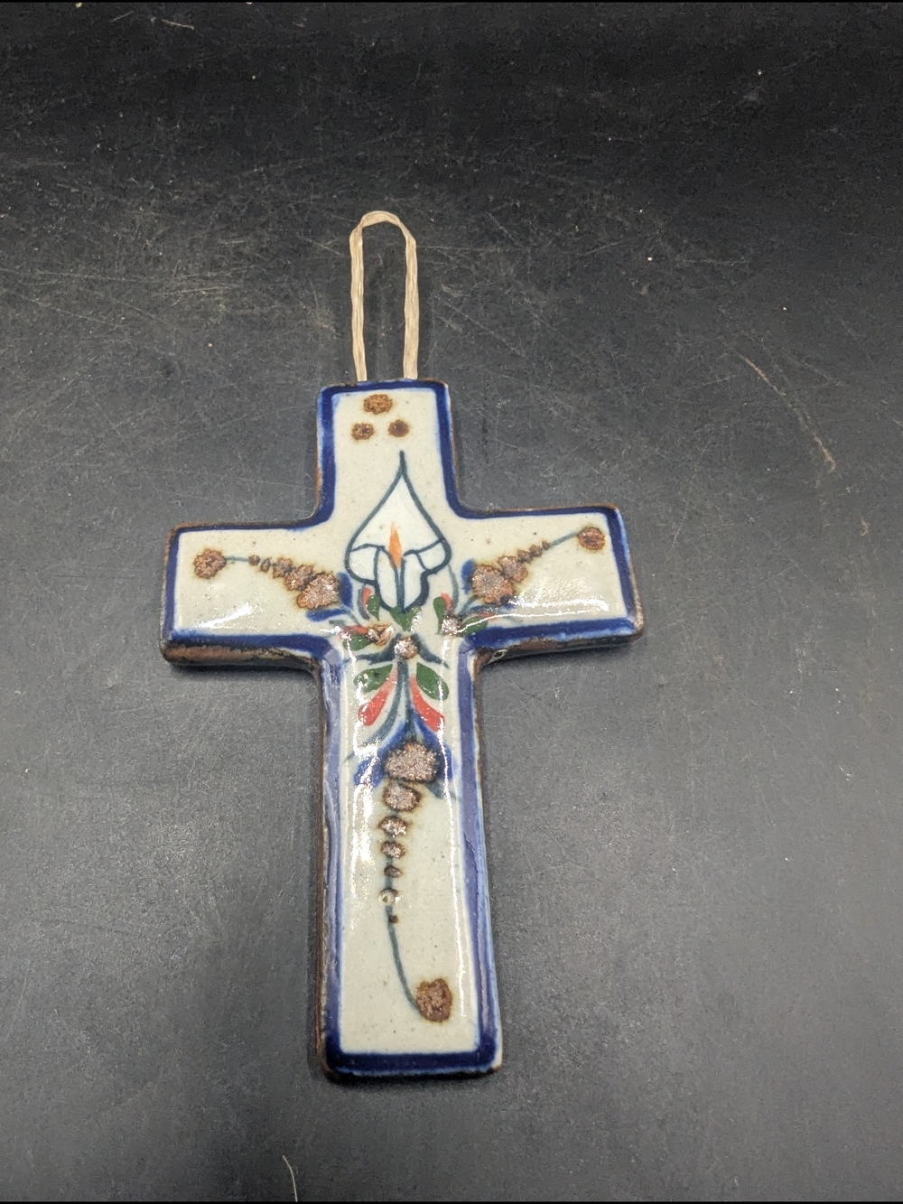Vintage Tonala Hand-Painted Ceramic Cross Wall Hanging - Blue & White Floral